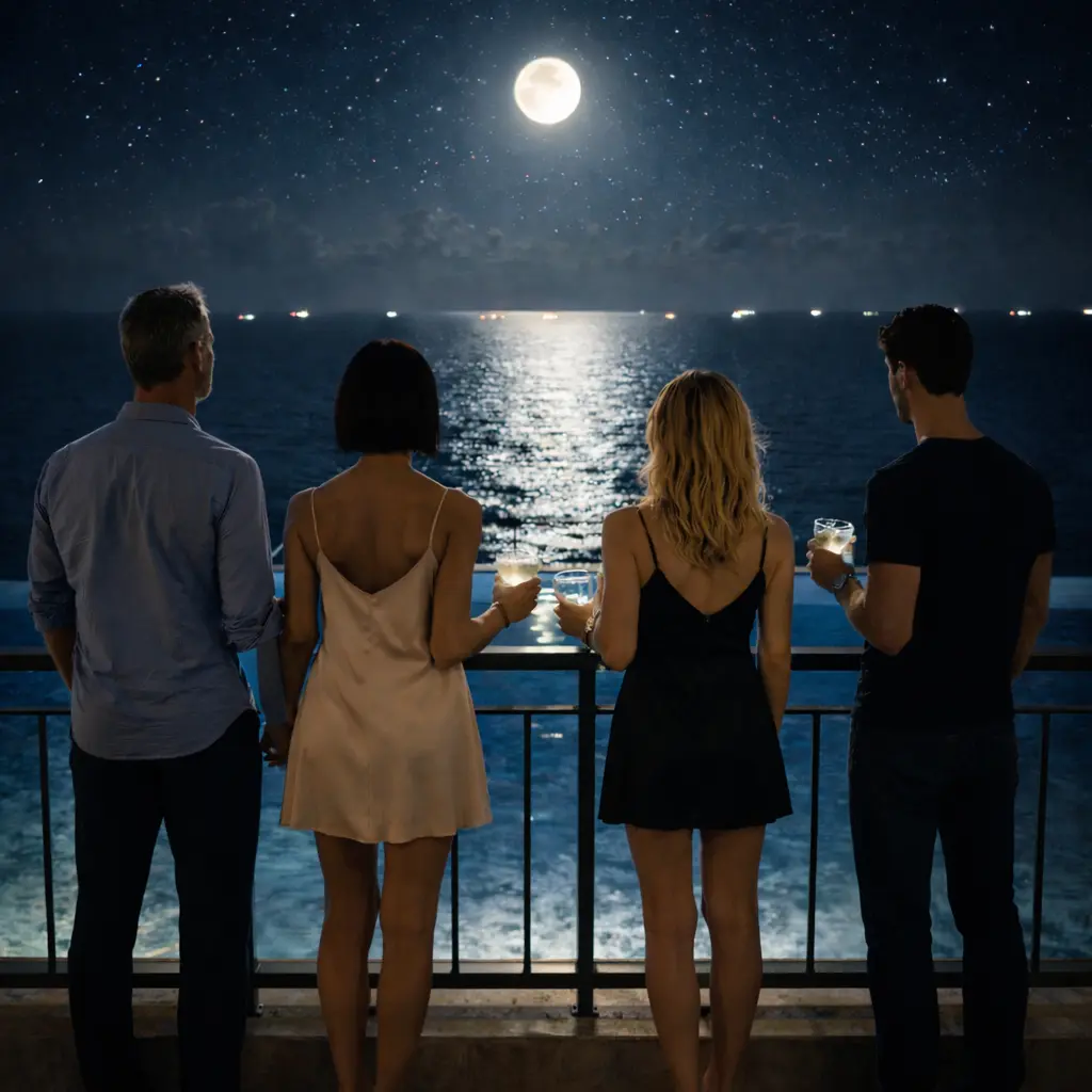 Tony (57), Tippi (47), Doris (52), Lucy (26), Marc (33) auf dem Balkon