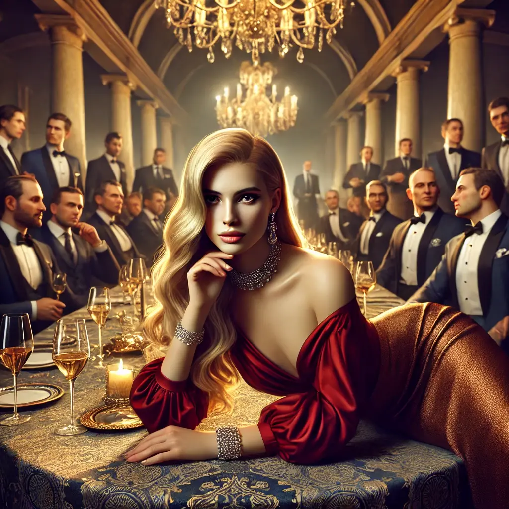 Doris auf Tisch vor Männern